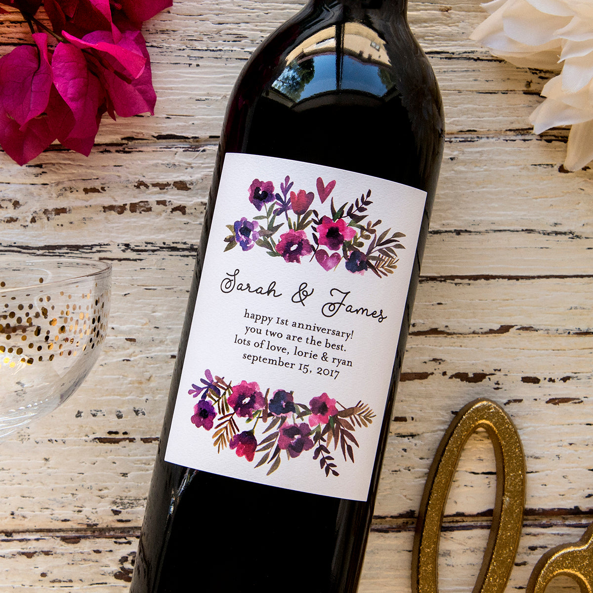 Wedding Wine Label Purple Gold Cheers to Love